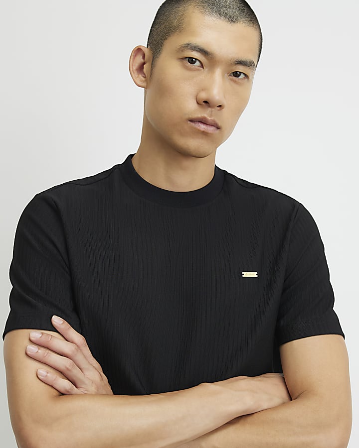 Black Slim Fit Vertical Texture T-Shirt