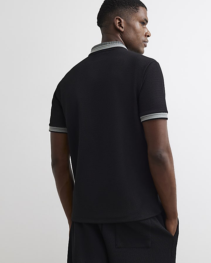 Black Slim Fit Cotton Zipped Polo Shirt