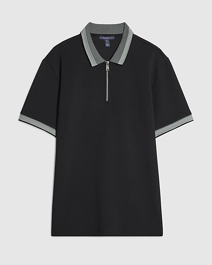 Black Slim Fit Cotton Zipped Polo Shirt