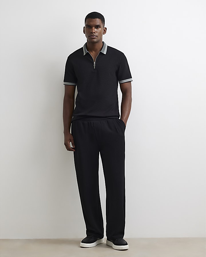 Black Slim Fit Cotton Zipped Polo Shirt