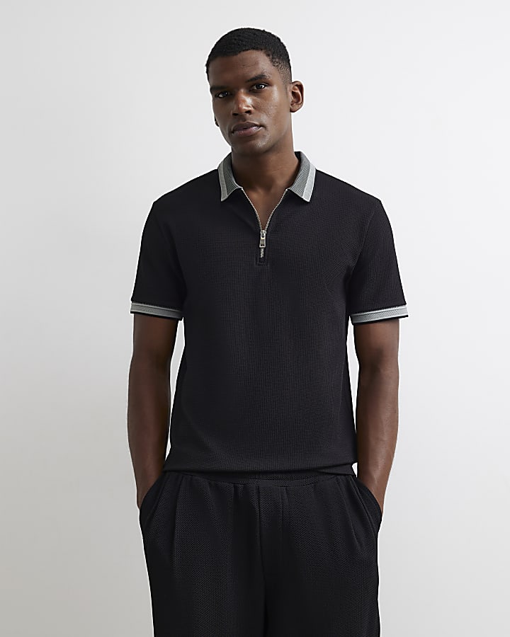 Black Slim Fit Cotton Zipped Polo Shirt