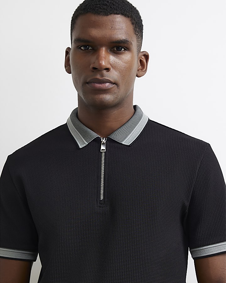 Black Slim Fit Cotton Zipped Polo Shirt