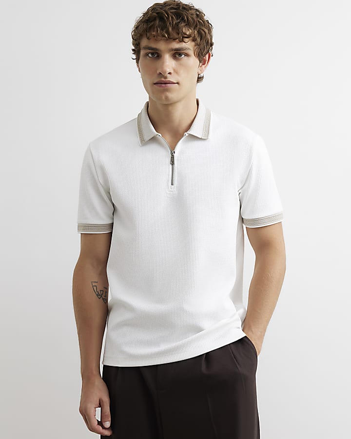 White Slim Fit Zip Textured Tipped Polo Shirt