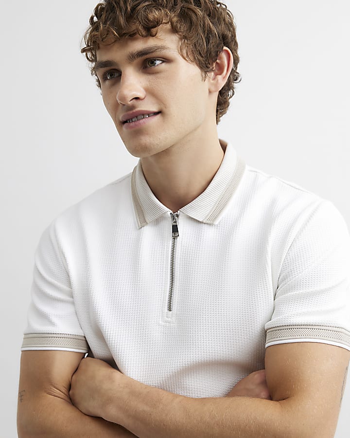 White Slim Fit Zip Textured Tipped Polo Shirt