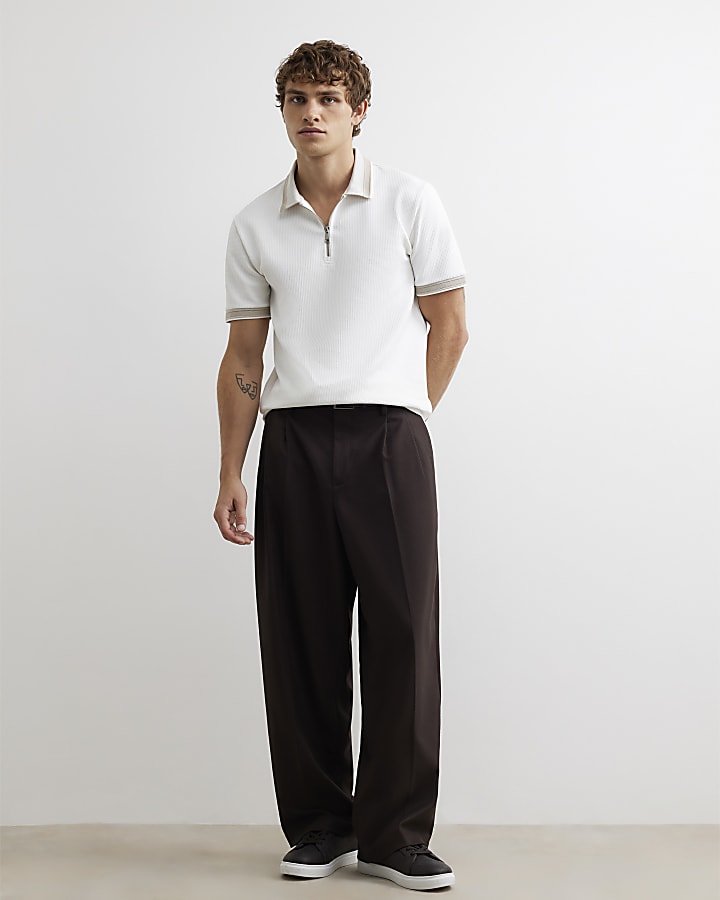 White Slim Fit Zip Textured Tipped Polo Shirt