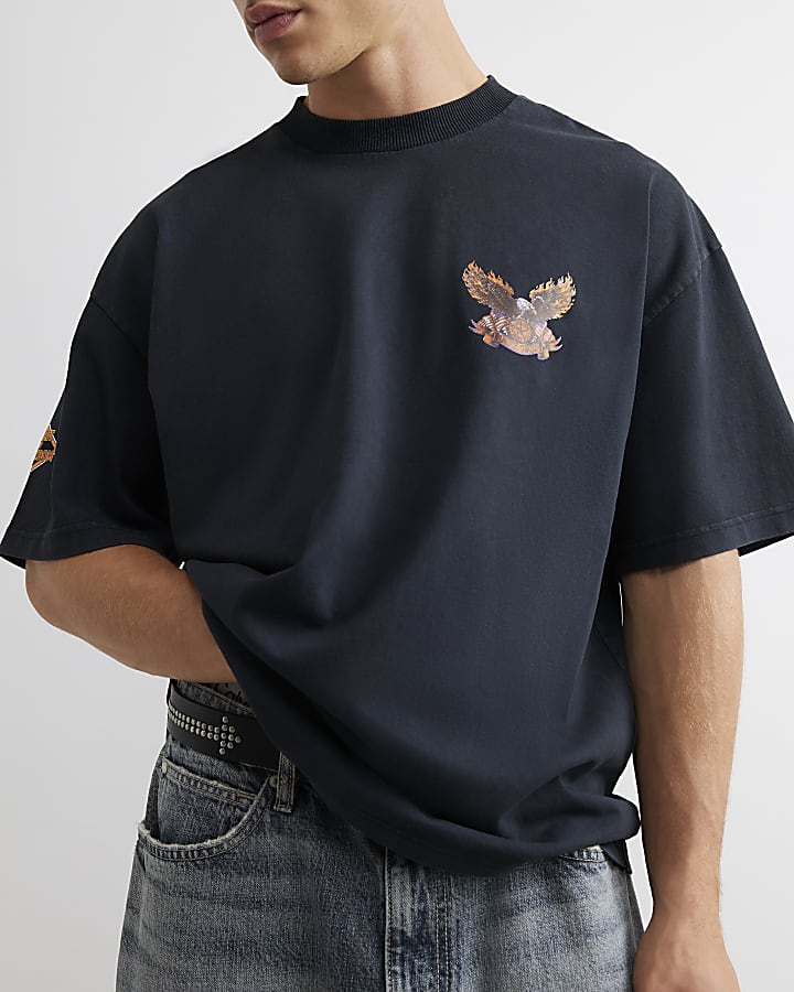 Black Cotton Washed Eagle T-Shirt