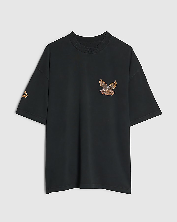 Black Cotton Washed Eagle T-Shirt