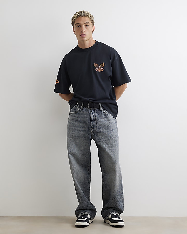 Black Cotton Washed Eagle T-Shirt
