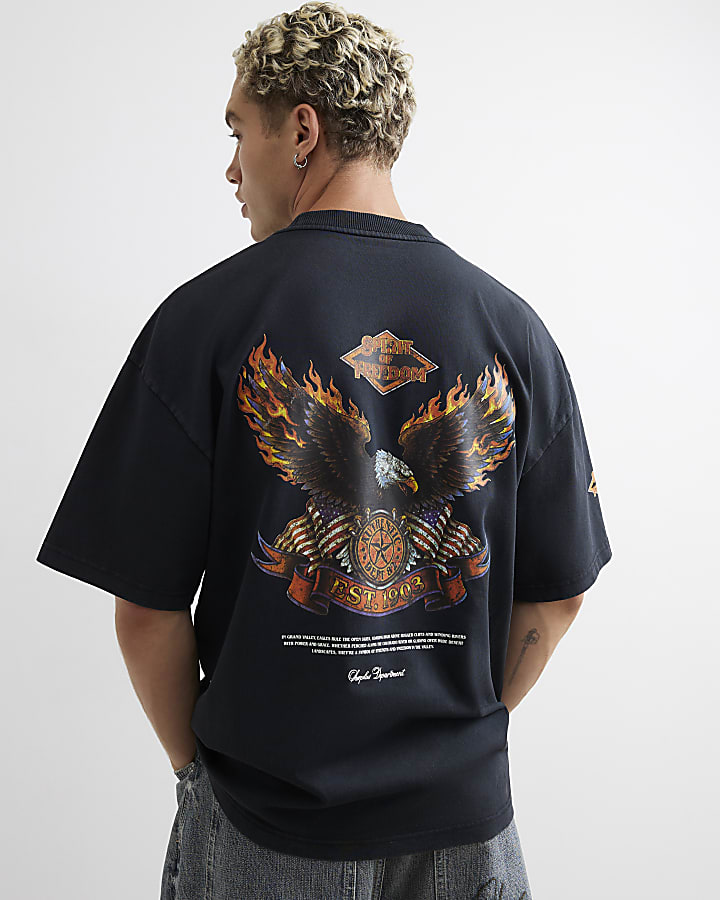 Black Cotton Washed Eagle T-Shirt