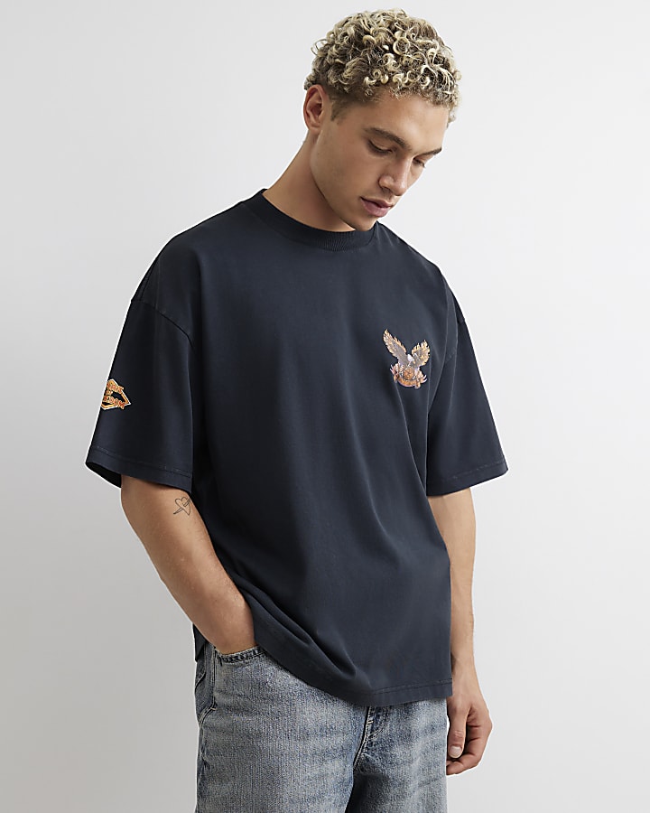 Black Cotton Washed Eagle T-Shirt