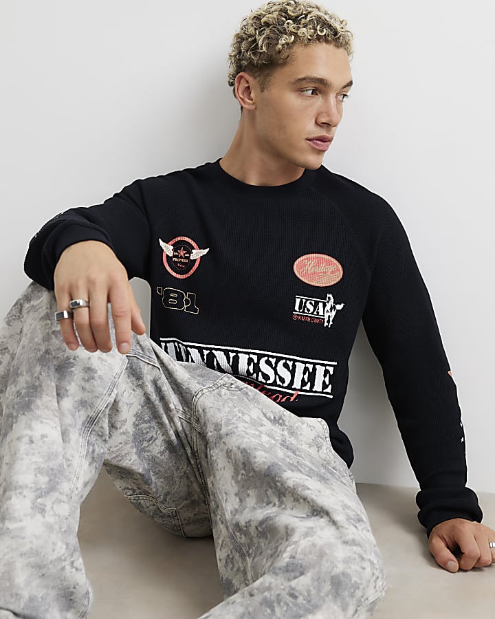 Black Cotton Waffle Textured Print T-Shirt