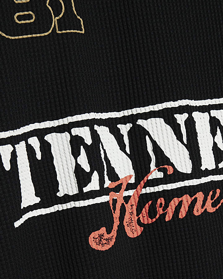 Black Cotton Waffle Textured Print T-Shirt