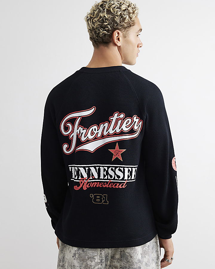 Black Cotton Waffle Textured Print T-Shirt