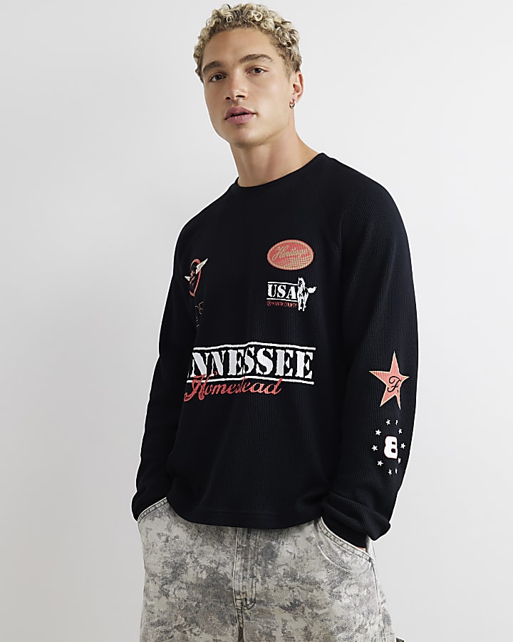 Black Cotton Waffle Textured Print T-Shirt