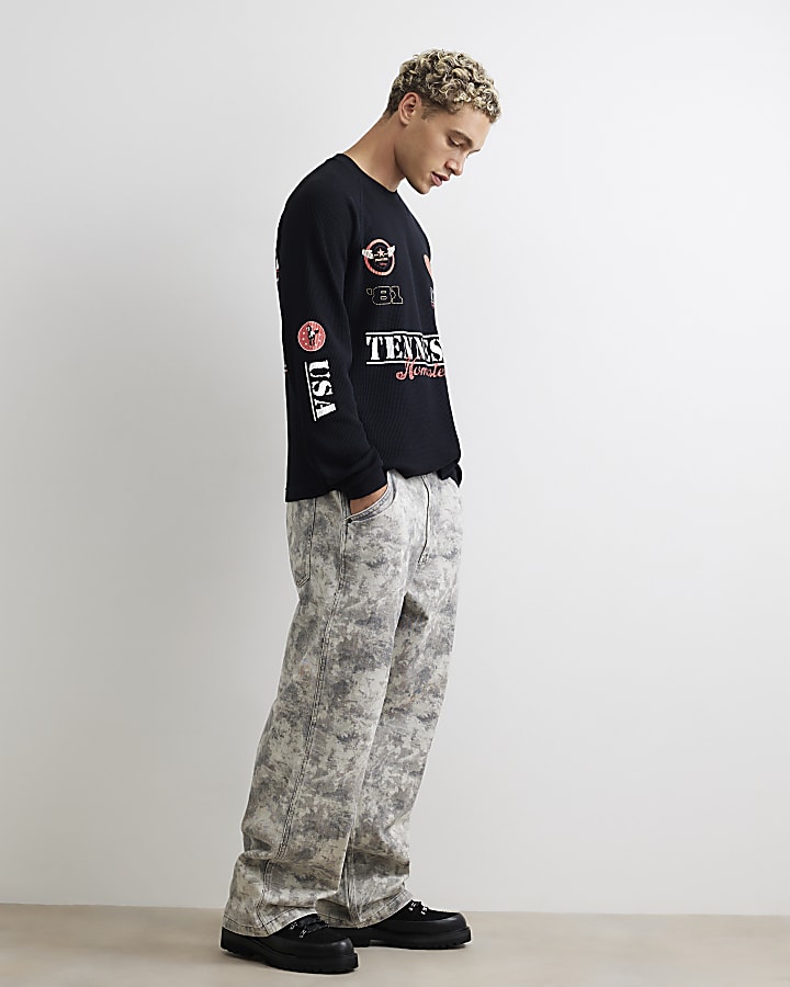 Black Cotton Waffle Textured Print T-Shirt