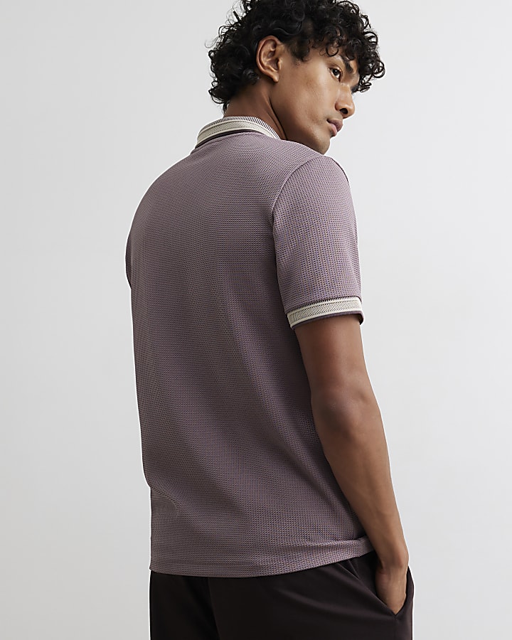 Purple Slim Fit Zip Neck Waffle Polo Shirt