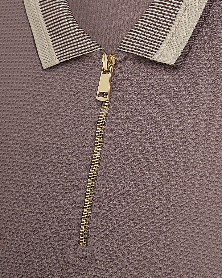 Purple Slim Fit Zip Neck Waffle Polo Shirt