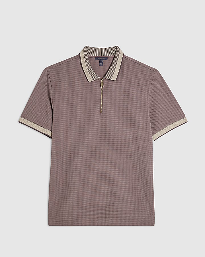 Purple Slim Fit Zip Neck Waffle Polo Shirt