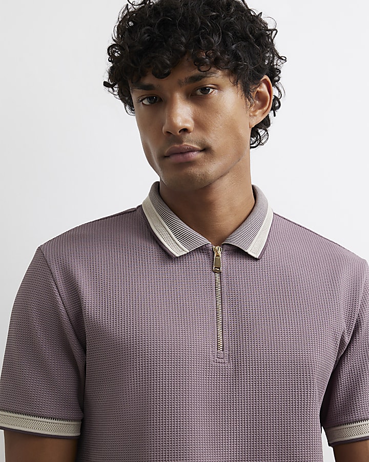 Purple Slim Fit Zip Neck Waffle Polo Shirt