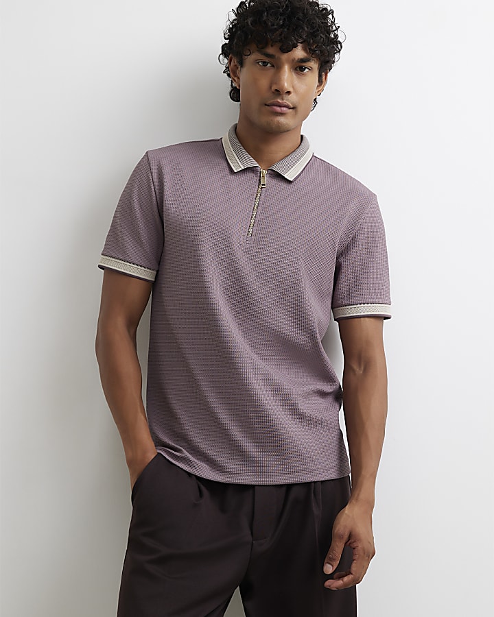 Purple Slim Fit Zip Neck Waffle Polo Shirt