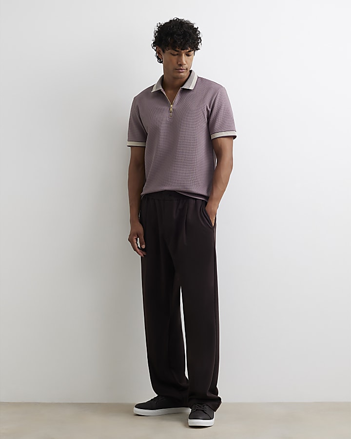 Purple Slim Fit Zip Neck Waffle Polo Shirt