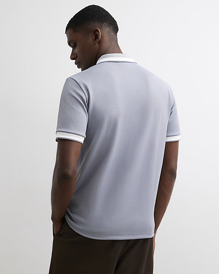 Blue Slim Fit Zip Neck Waffle Polo Shirt