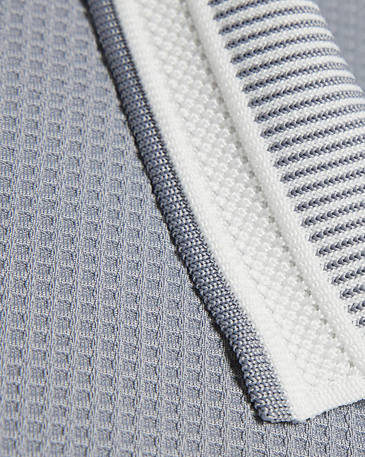 Blue Slim Fit Zip Neck Waffle Polo Shirt