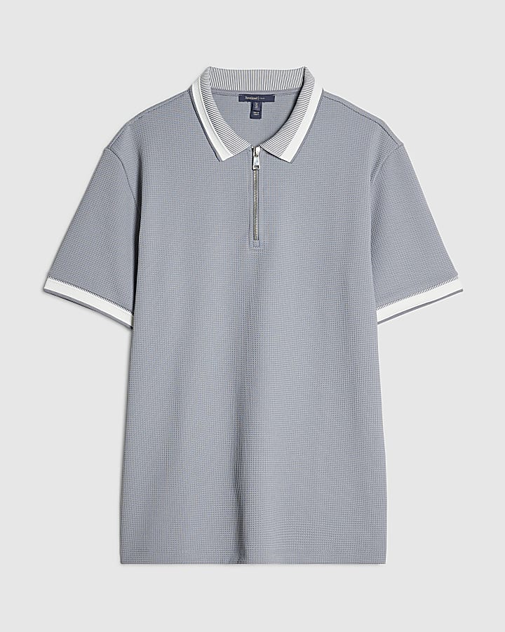 Blue Slim Fit Zip Neck Waffle Polo Shirt