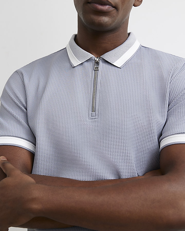 Blue Slim Fit Zip Neck Waffle Polo Shirt