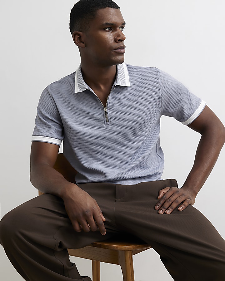 Blue Slim Fit Zip Neck Waffle Polo Shirt