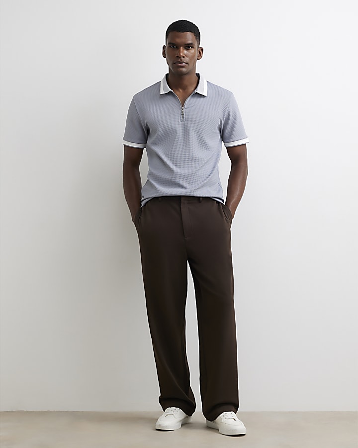 Blue Slim Fit Zip Neck Waffle Polo Shirt