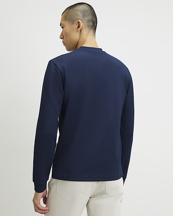 Navy Slim Fit Textured Henley Top