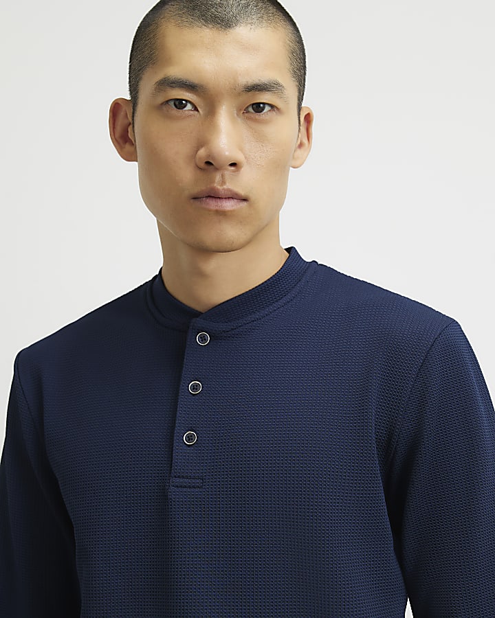 Navy Slim Fit Textured Henley Top