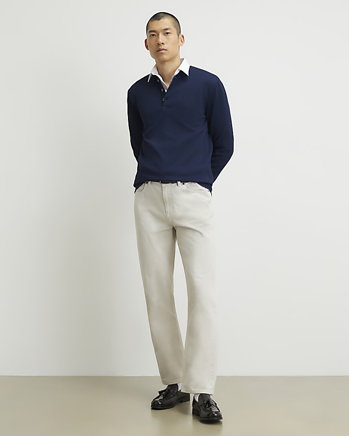 Navy Slim Fit Textured Henley Top