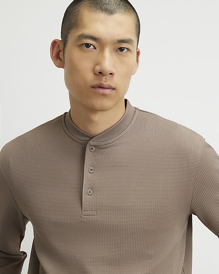 Beige Slim Fit Textured Henley Top