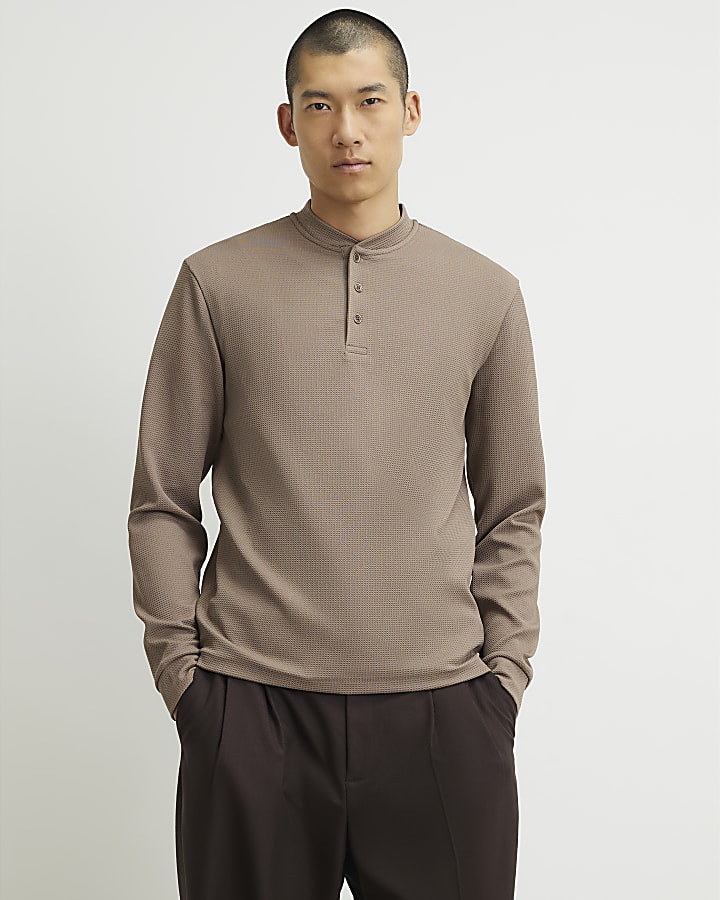 Beige Slim Fit Textured Henley Top