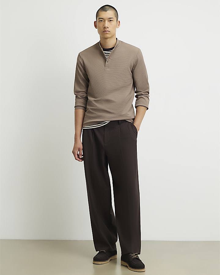 Beige Slim Fit Textured Henley Top