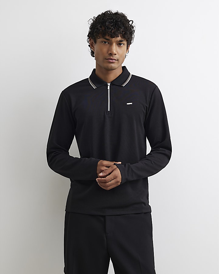 Black Slim Fit Cotton Tipped Polo Shirt