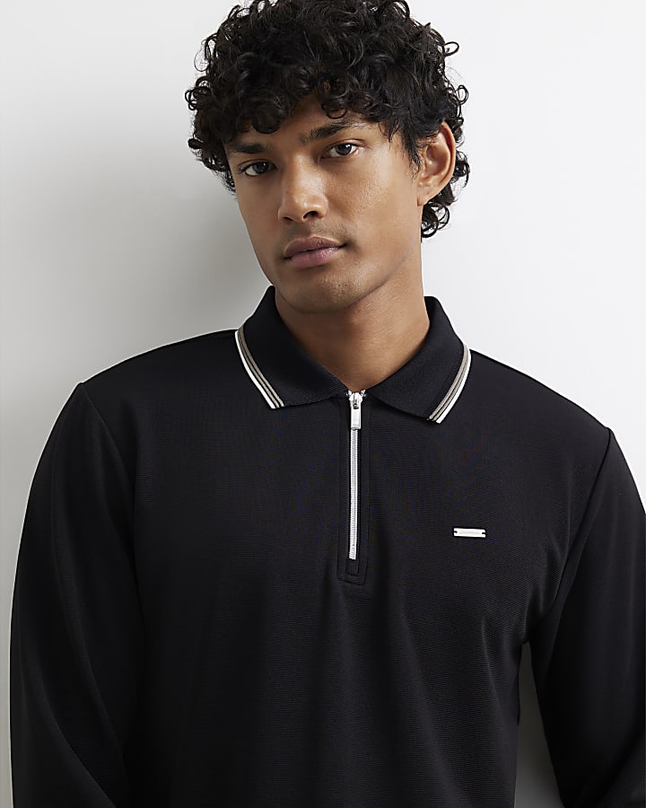 Black Slim Fit Cotton Tipped Polo Shirt