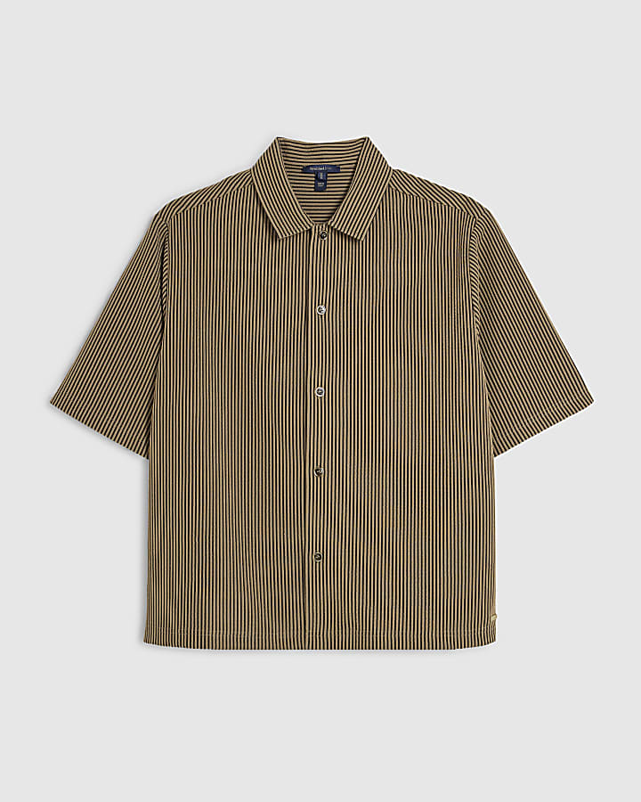 Beige Oversized Fit Cotton Stripe Shirt