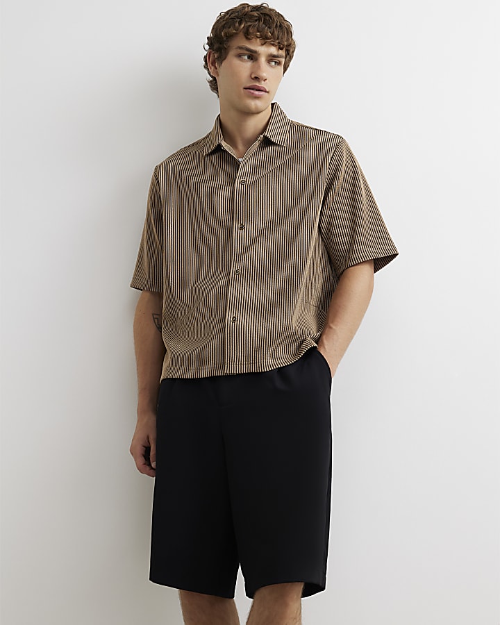Beige Oversized Fit Cotton Stripe Shirt