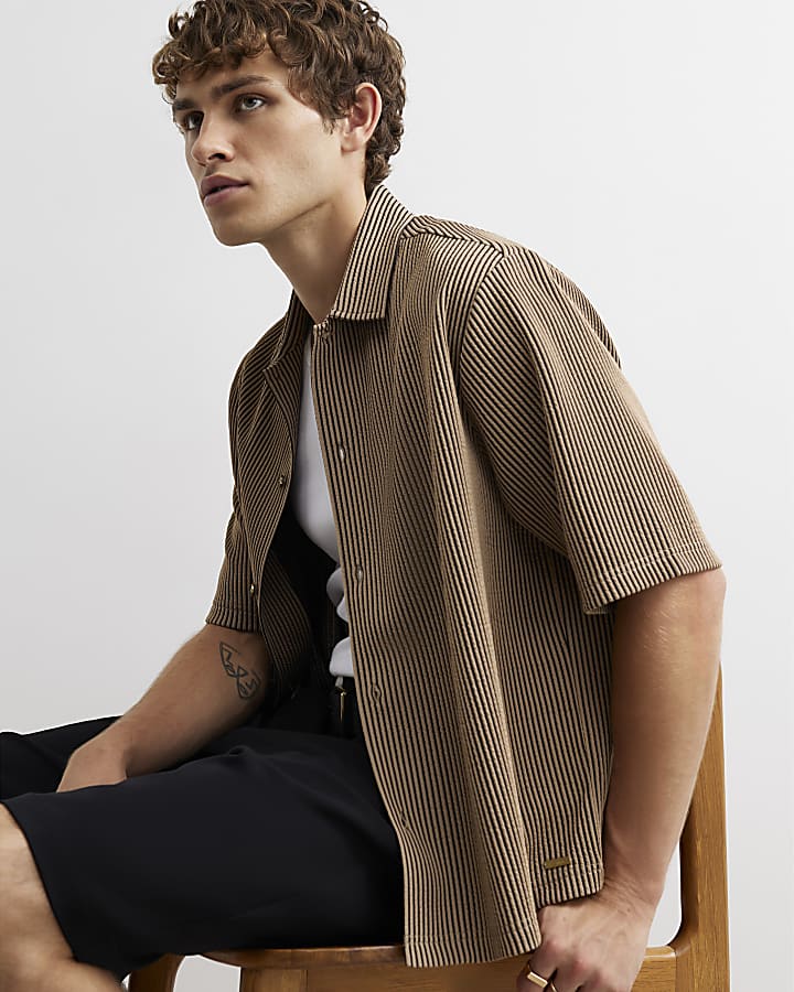 Beige Oversized Fit Cotton Stripe Shirt