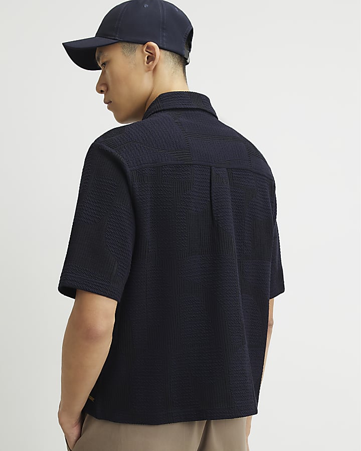 Navy Cotton Geometric Textured Shirt