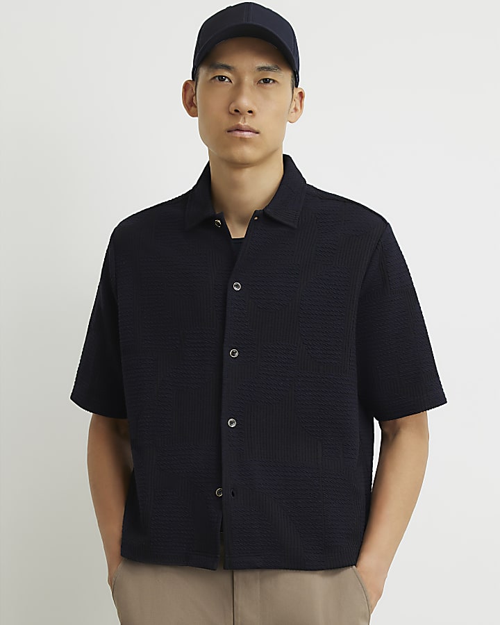 Navy Cotton Geometric Textured Shirt