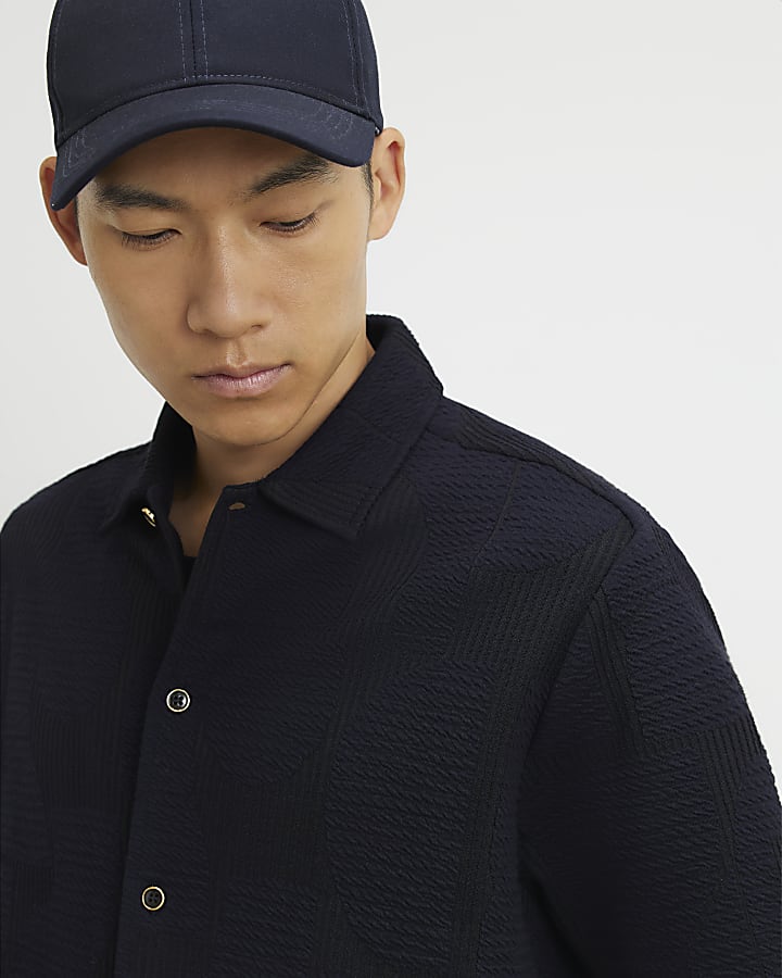 Navy Cotton Geometric Textured Shirt
