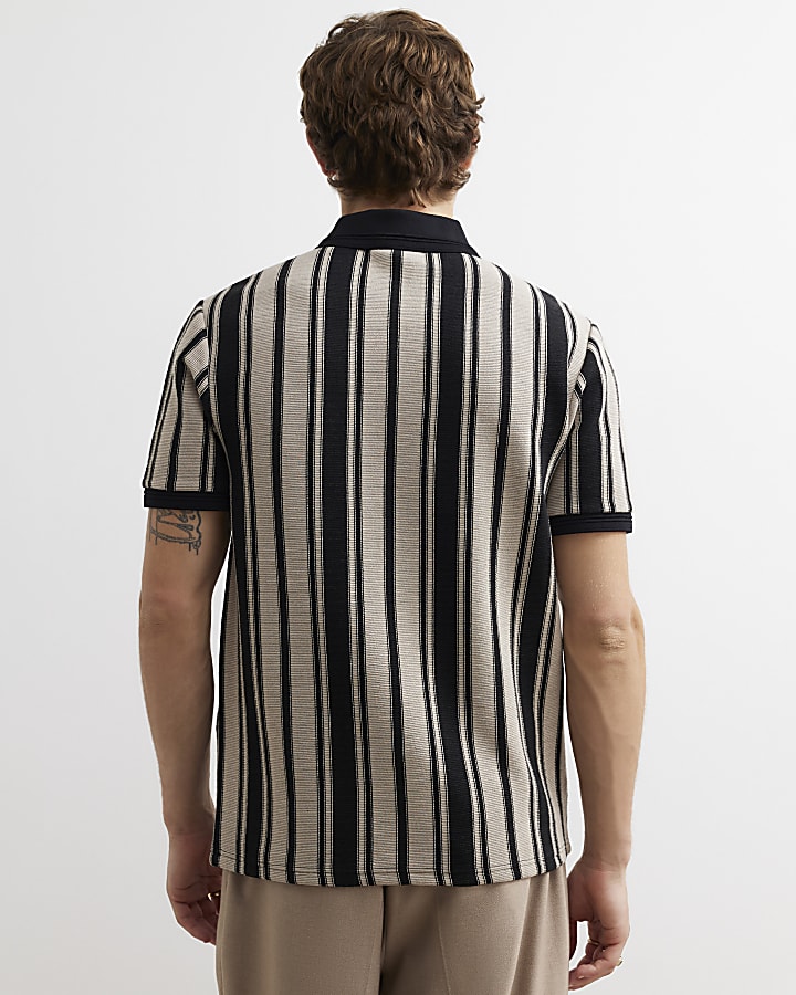 Beige Cotton Vertical Stripe Polo Shirt
