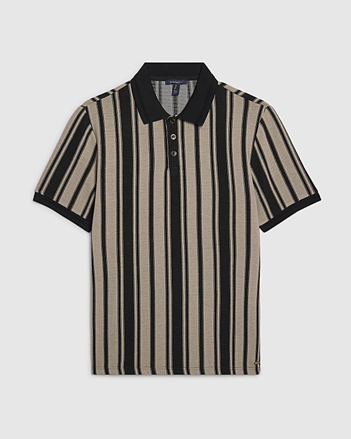 Beige Cotton Vertical Stripe Polo Shirt