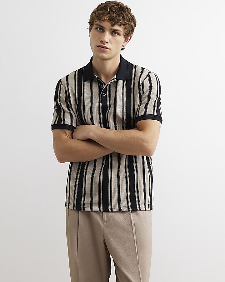 Beige Cotton Vertical Stripe Polo Shirt