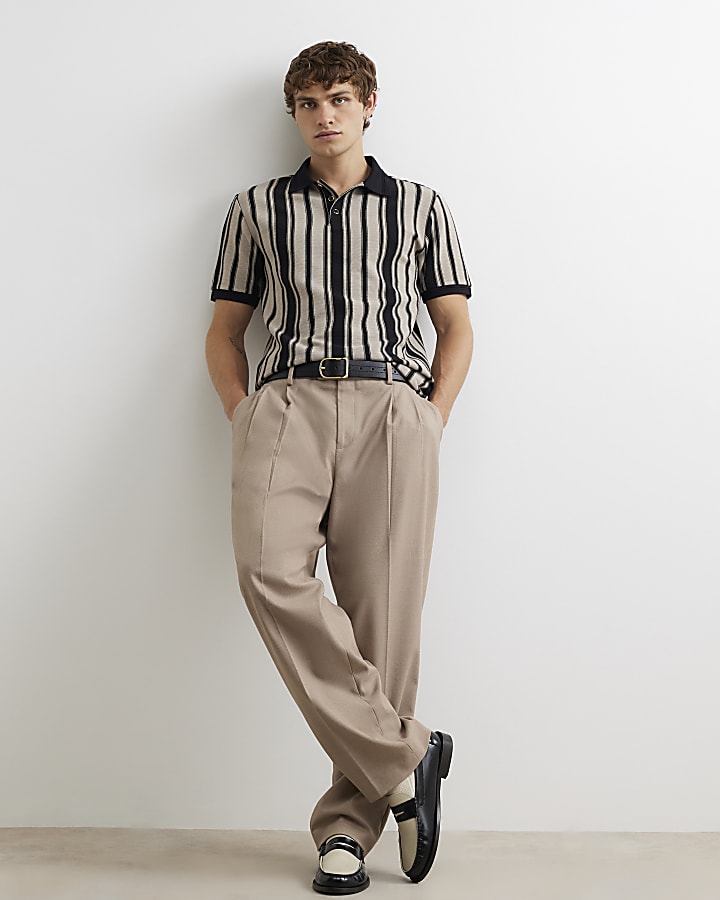 Beige Cotton Vertical Stripe Polo Shirt