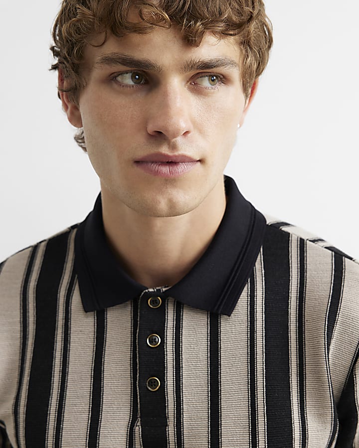 Beige Cotton Vertical Stripe Polo Shirt